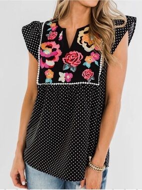 Savanna Jane Black Polka Dot Floral Embroidered V-Neck Blouse Sz 3X
